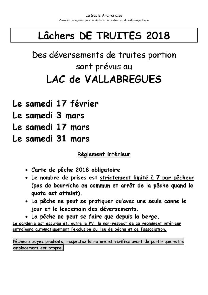 Calendrier Lacher De Truite 2023 Herault Aappma D'aramon - Lâchers De Truites - Fédération De Pêche Du Gard