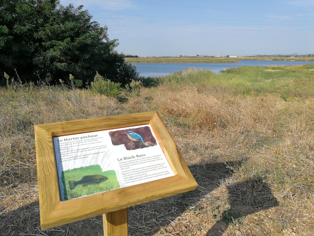 Des panneaux de sensibilisation et d'information sont disposés le long des plans d'eau, pour former ce sentier de découverte